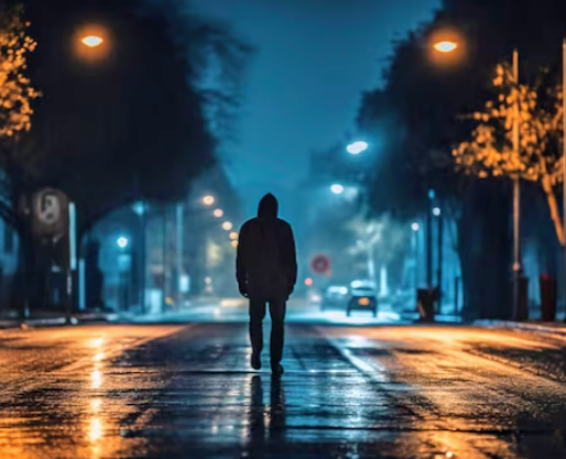 a person walking on a wet street at night