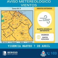 ALERTA AMARILLA POR VIENTOS INTENSOS CON RÁFAGAS DE HASTA 70 KM/H